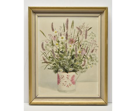 AUDREY JOHNSON (1919-2005) 'SNAKEWEED', a still life study of wild flowers in a tankard, signed verso to a re-used Claud Harr