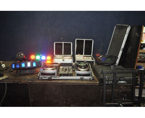A SELECTION OF DJ EQUIPMENT including two Numark CD controllers, a Citronic mixer, two Chauvet LED light bars, a KAM LED moon