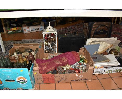 THREE BOXES OF VINTAGE BOTTLES, STONEWARE AND SUNDRIES, to include a torpedo bottle 'The Stretton Hills mineral water', a gre
