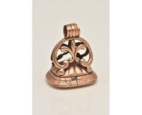 A ROSE METAL FOB SEAL, set with a colourless quartz inlay, scrolling surmount, with jump ring for suspension, unmarked metal,