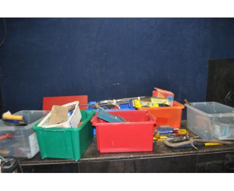 SIX TRAYS CONTAINING HAND TOOLS including  mallets, hammers, drill bits, saws, Record and Governor G Clamps, Marples chisels,