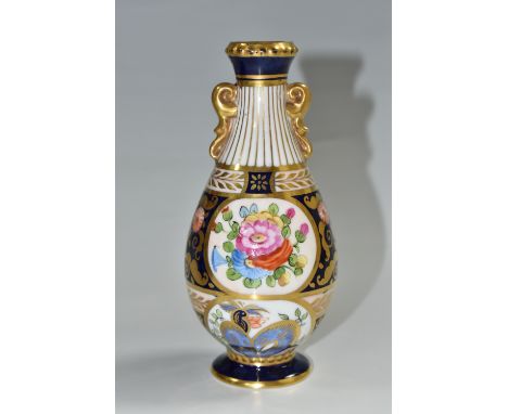 A CROWN STAFFORDSHIRE TWIN HANDLED VASE, of footed ovoid form, painted with sprays of flowers with gilt decoration, printed g
