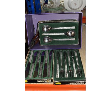 A BOX OF 1960's TWENTY EIGHT PIECE SET OF VINERS STUDIO STAINLESS STEEL CUTLERY, in original fitted boxes, designed by Gerald