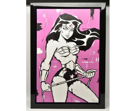 SARAH HOLMES (BRITISH CONTEMPORARY) 'WONDER WOMAN', a portrait of the female Super Hero, signed bottom right, oil on canvas, 