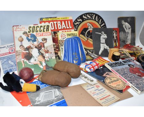 TWO BOXES OF VINTAGE SPORTING EPHEMERA, to include Guiness Advertising material, a Toucan, ashtray, bookend, bottle openers, 