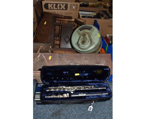 ONE BOX AND LOOSE MISCELLANEOUS, to include a Trevor J. James Flute with case and original box, vintage wooden farmyard set w