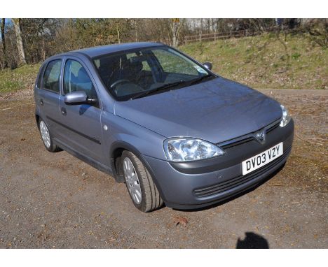 A 2003 VAUXHALL CORSA ACTIVE FIVE DOOR HATCHBACK CAR, in grey with a 973cc petrol engine, five speed manual gearbox, first re