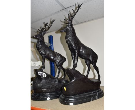 TWO LARGE CAST BRONZE STAG FIGURES, after Jules Moigniez (French 1835 - 1894), pair of hollow cast bronze stag figures, signe