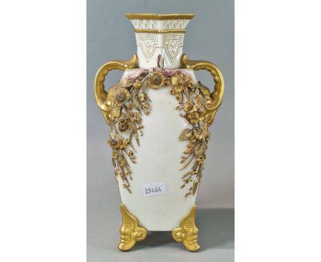 19th century Royal Worcester porcelain two handled square section vase with gilded mounts and gilded ornate encrusted flowers