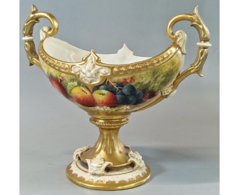 Royal Worcester porcelain boat shaped pedestal centre piece, hand-painted with cherries, apples and grapes. Signed Ricketts. 