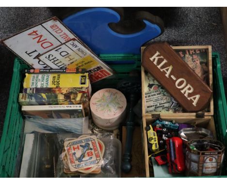 Crate of oddments to include: Barclays Bank wall plaque/sign, metal signs, vintage magazines, Action Man manual, books, toys 