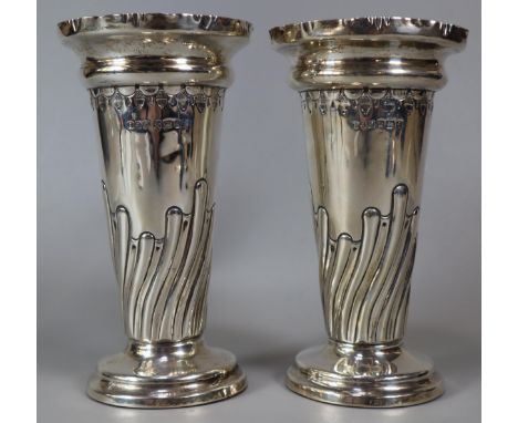 Pair of late Victorian silver trumpet shaped vases on loaded bases. 14cm high approx. Sheffield hallmarks. (B.P. 21% + VAT)&n