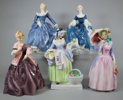Four Royal Doulton bone china figurines to include: 'Miss Demure', 'Hilary', 'Spring Flowers' etc. together with a Royal Worc