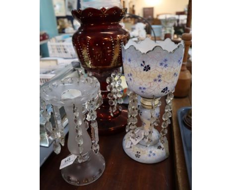 Three glass vase lustres including ruby ground. Distressed condition. (B.P. 21% + VAT) NO IN-HOUSE SHIPPING ON THIS LOT