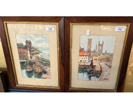 Group of assorted pictures to include: watercolours and oils on canvas, particularly R I Hutton harbour scene in oils, two Sc