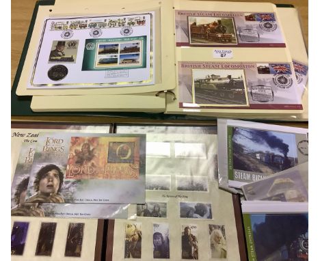 British Railway History collection in three albums with covers and stamp sets and Lord of the rings folder, stamps and two co