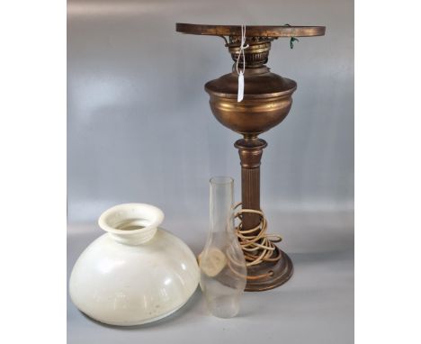Early 20th century oil burner now converted to electricity, having opaline glass mushroom shade, together with another early 