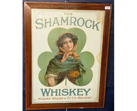 Rare 'The Shamrock Irish Whiskey' advertising poster, featuring a young woman, and reading 'Veritor' and 'Kirker Greer Compan