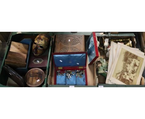 Three boxes of assorted items to include: Denby table lamp in the form of bunnies with toadstools, brass candlesticks, black 