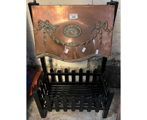 Early 20th century wrought iron dog grate with Adam's style copper repousse canopy. (B.P. 21% + VAT) 
