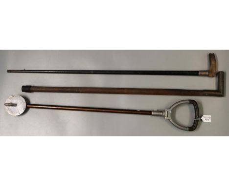 Horn handled ebonised walking cane with silver collar and a wooden walking stick with heavy brass handle. Together with a vin