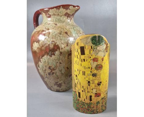 After Gustav Klimt, a 'Silhouette D'Art' for Beswick cylinder vase. 23cm high approx., together with a mottled Art Pottery ba