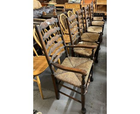 Set of six Lancashire style ladder back kitchen chairs on rush seats. (5+1) (6).  (B.P. 21% + VAT) 