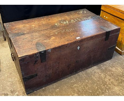 Large 19th century camphor wood trunk with metal banding and painted name C. Watkins. Probably military. 115cm wide  x 68cm d
