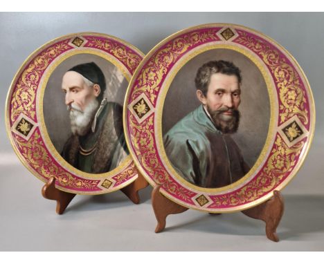 Pair of 19th century Vienna porcelain portrait plaques, hand-painted with portraits of 'Michel Angelo and 'Tizian',(Titian), 