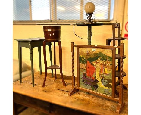 Collection of furnishing items to include: Edwardian cake stand, coopered and brass banded jardinière on stand, fire screen e
