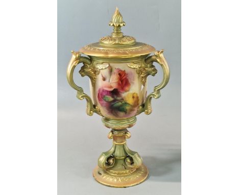 Hadley Ware, a Royal Worcester Tyg type vase and cover, the reticulated cover above hand-painted panels of  roses with lion m