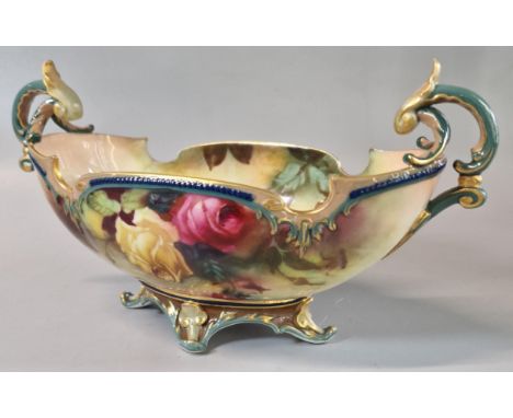 Royal Worcester boat shaped vase with twin scrolling handles on pedestal base, hand-painted with roses. Signed A Lewis. Marks