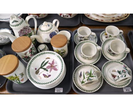 Two trays of Portmeirion 'the Botanic Garden' design items to include: cups, saucers, bullet shaped teapot, coffee pot, utens