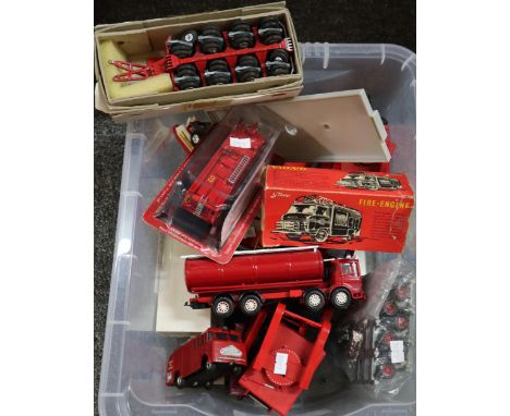 Box of diecast model Fire Engines and Fire related vehicles, some in original boxes, to include: Tekno, Zon Model Holland, Am