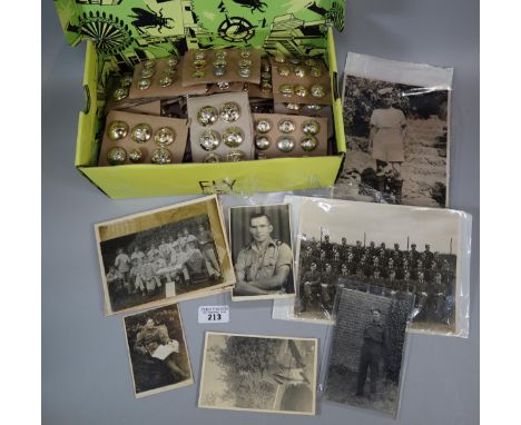 Shoe box comprising Army and Navy photos together with other military photos and a collection of Army, Navy and RAF buttons. 