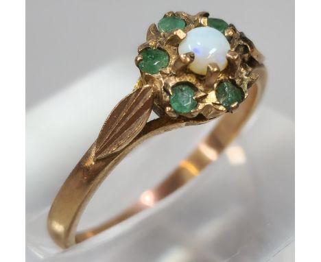 9ct gold opal and green stone flowerhead ring (missing one stone). 1.7g approx. Size M. (B.P. 21% + VAT) 