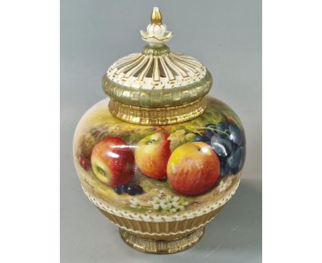 Royal Worcester porcelain Fallen Fruits potpourri vase with inner lid and outer pierced cover with basket weave decoration, h