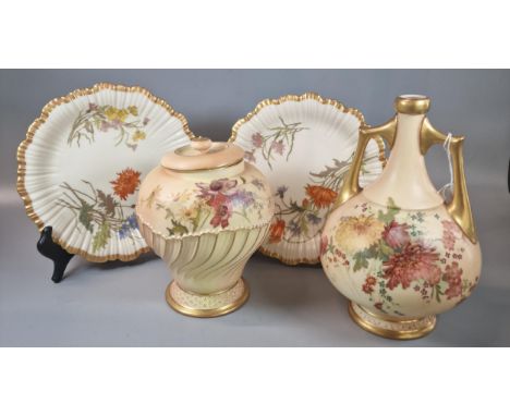 Royal Worcester porcelain blush ivory two handled gilded baluster vase, shape No 1024, together with another writhen and flor