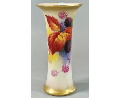 Royal Worcester cylinder vase, hand-painted with Autumnal leaves and berries, shape No. G923, signed K.Blake (Kitty). 12cm hi