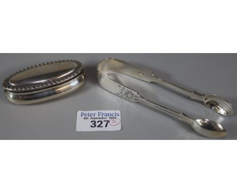 Victorian silver foliate and florally engraved sugar nips, London 1895. 1.6 troy oz approx. Together with a silver snuff/pill