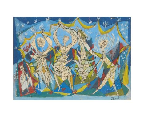  SAX SHAW (BRITISH 1916-2000) DANCING FIGURES - 1958 Signed lower right, mixed media on paper 21cm x 29.5cm (8.25in x 11.5in)