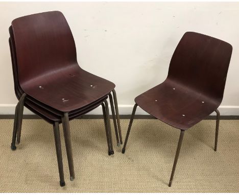 A set of ten vintage stacking chairs, the metal frames with bend plywood seats bearing "REL" labels to back and a set of four