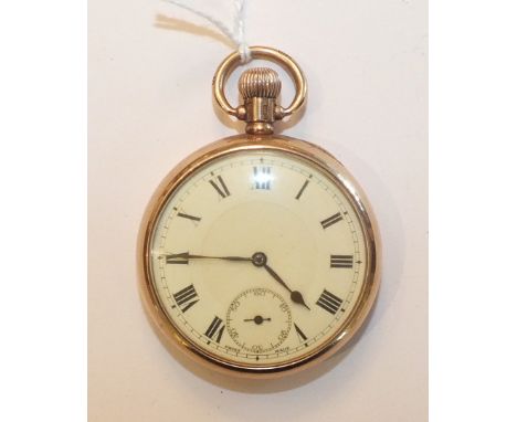 A 9ct gold cased open face keyless pocket watch, the white enamel dial with Roman numerals and seconds subsidiary, total wt 8