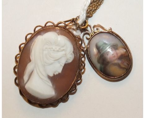 A small oval ceramic plaque mounted as a pendant on 9ct gold chain and a 9ct gold mounted shell cameo brooch, (2).