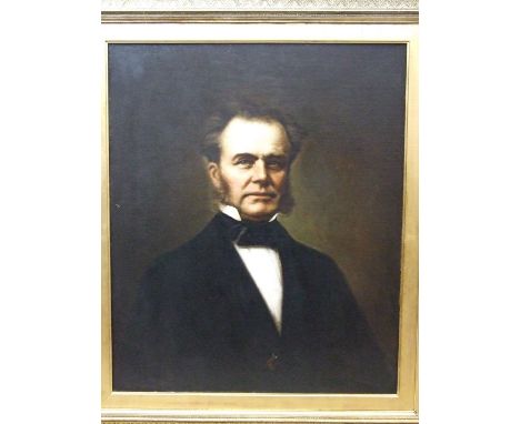 English School (19th century) HALF-LENGTH PORTRAIT OF A GENTLEMAN, WEARING A BLACK COAT AND BOW TIE Oil on canvas, 76 x 63cm.