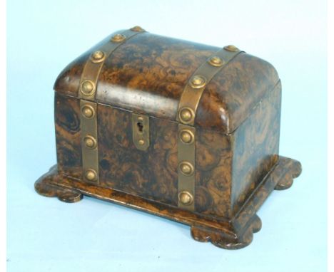 A Victorian papier mâché two-division metal-mounted tea caddy decorated to simulate burr walnut, 13cm high, 19cm wide.