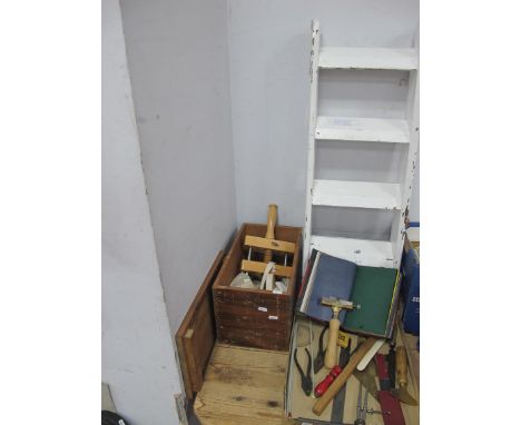 A Set of Small White Painted Steps, selection of hand tools, etc. (Quantity)
