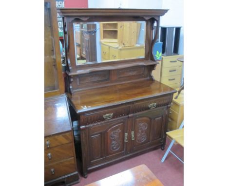 Early XX Century Mirror Back Sideboard, top with a rectangular bevelled glass mirror, shaped shelf, base with two drawers, ba