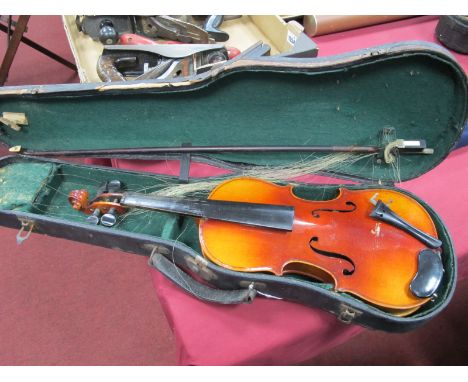 Early XX Century Violin, with a two piece back (bearing label Antonio Stradivarius Cremonsis), with bow, cased.