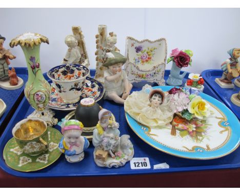 Chamberlains Worcester Spill Vase, on pierced scroll base (damaged), Worcester and Doulton cups and saucers, posies, etc:- On
